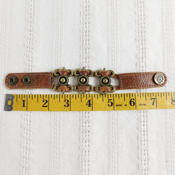 Leatherock USA Brass Genuine Leather Bracelet Cuff Marked LR Brown 7.5" EUC - Picture 10 of 13